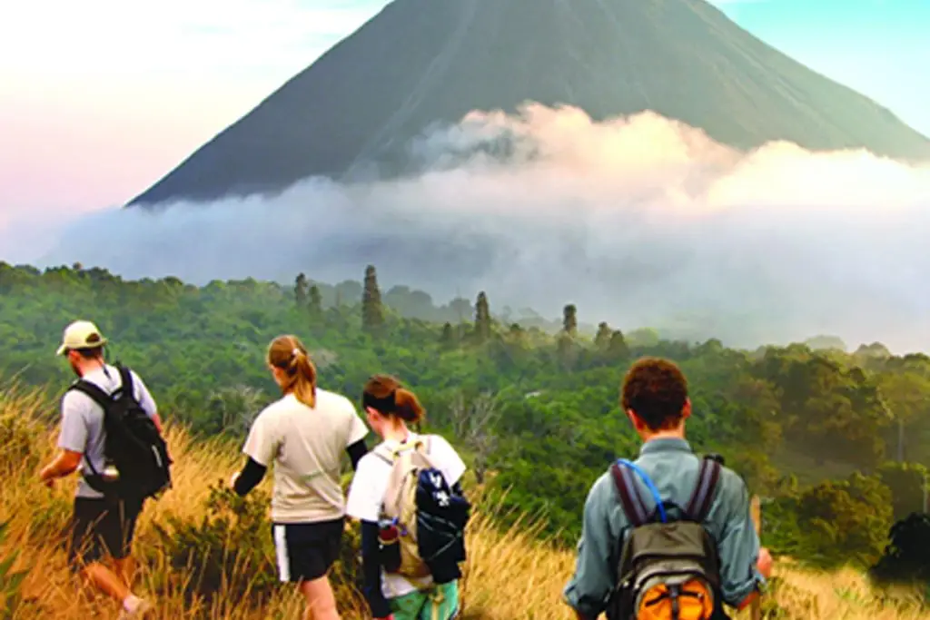 Hikers exploring lush volcanic landscape.
